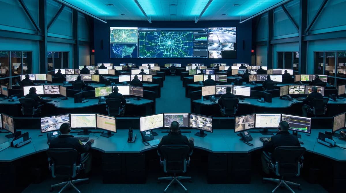 Statewide command center with operators and video wall