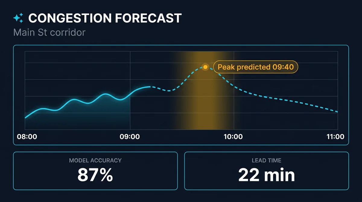 Predictive traffic analytics and AI modeling forecasting congestion