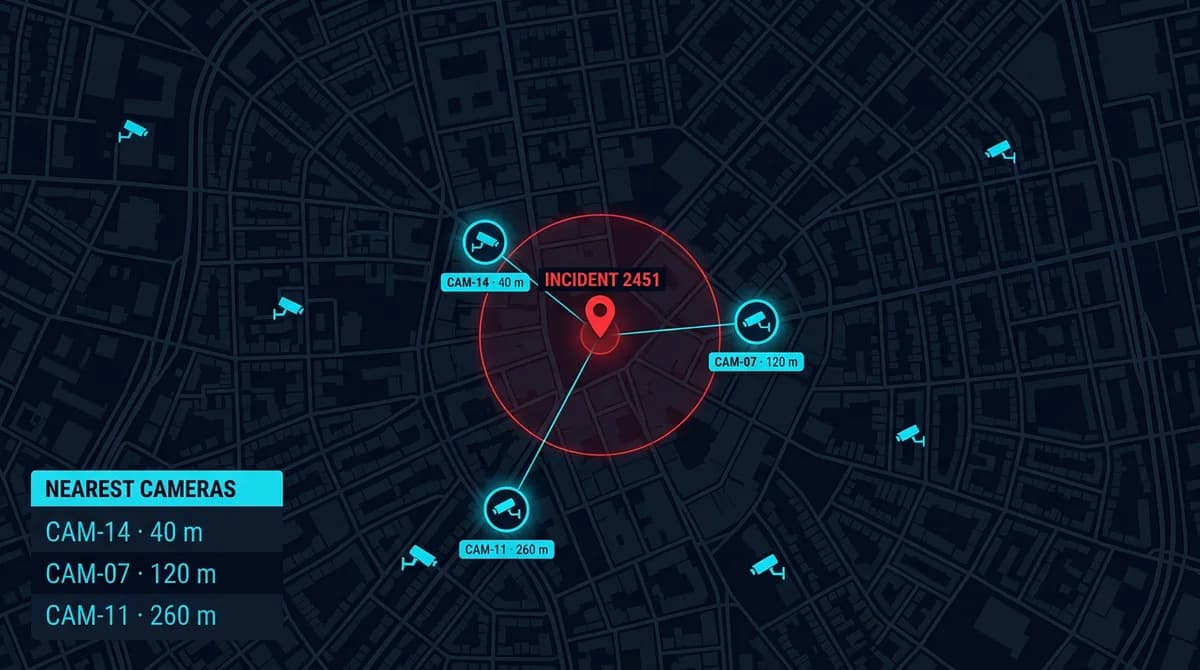 Map showing camera locations and the nearest feeds to an incident