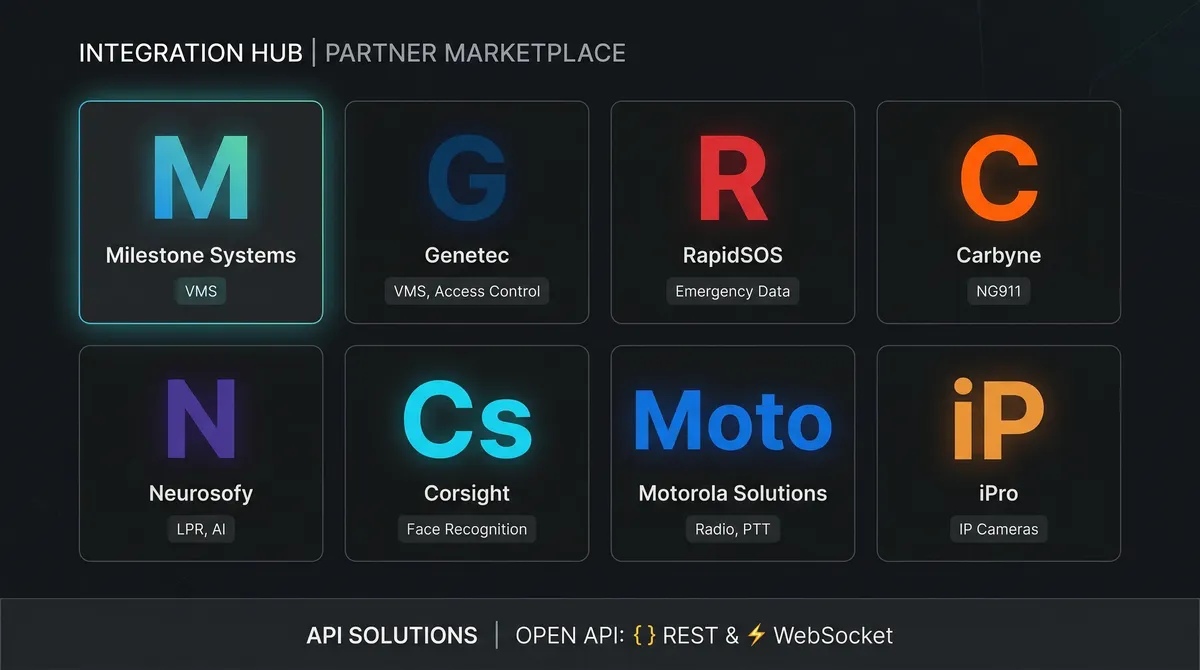 Integrations layer connecting cameras, CAD, radio, sensors, and access control systems