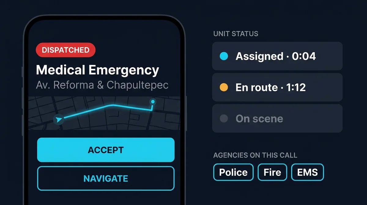 App móvil de respuesta recibiendo la llamada despachada con navegación y estado
