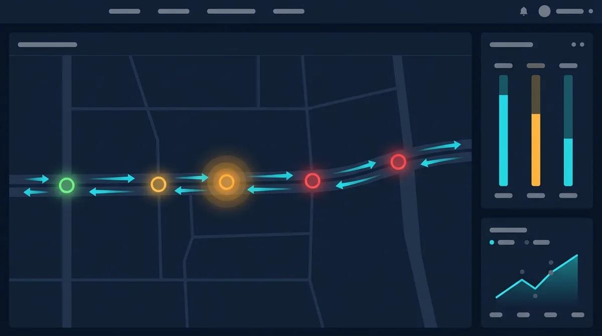 Corridor view with live signal states and adaptive timing across intersections