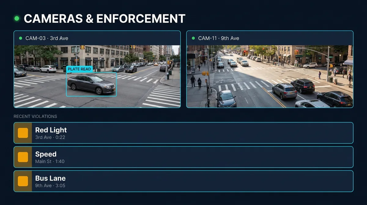 Traffic cameras and speed cameras monitoring intersections and corridors