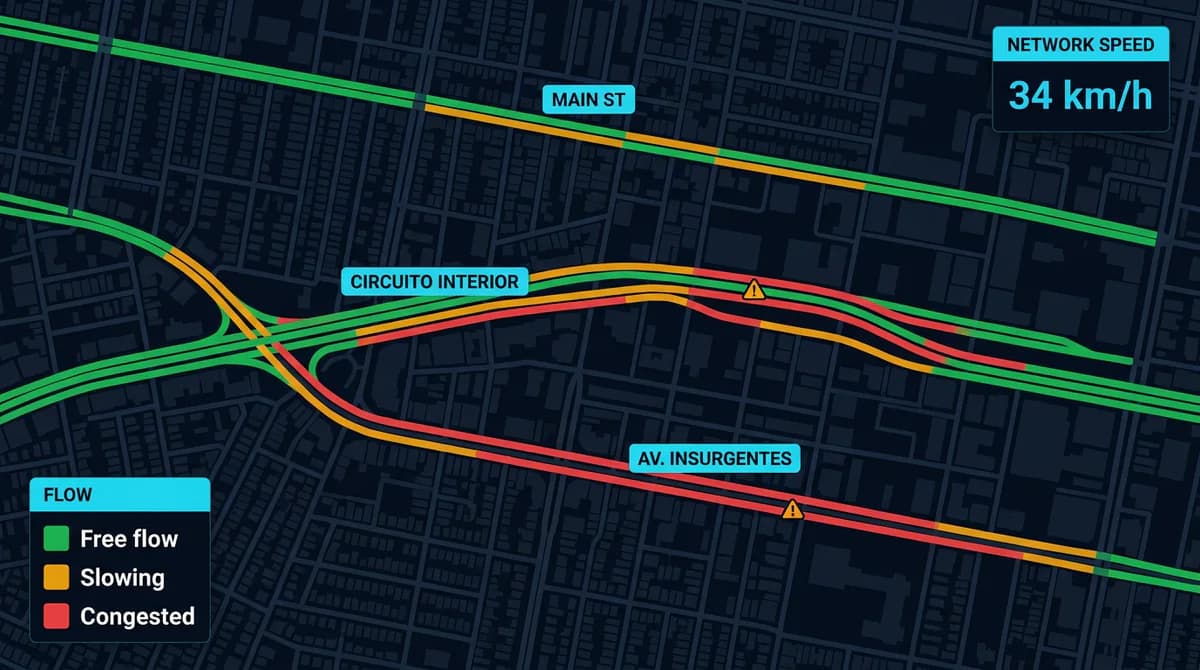 GIS map showing traffic flow, corridors, and congestion across the road network