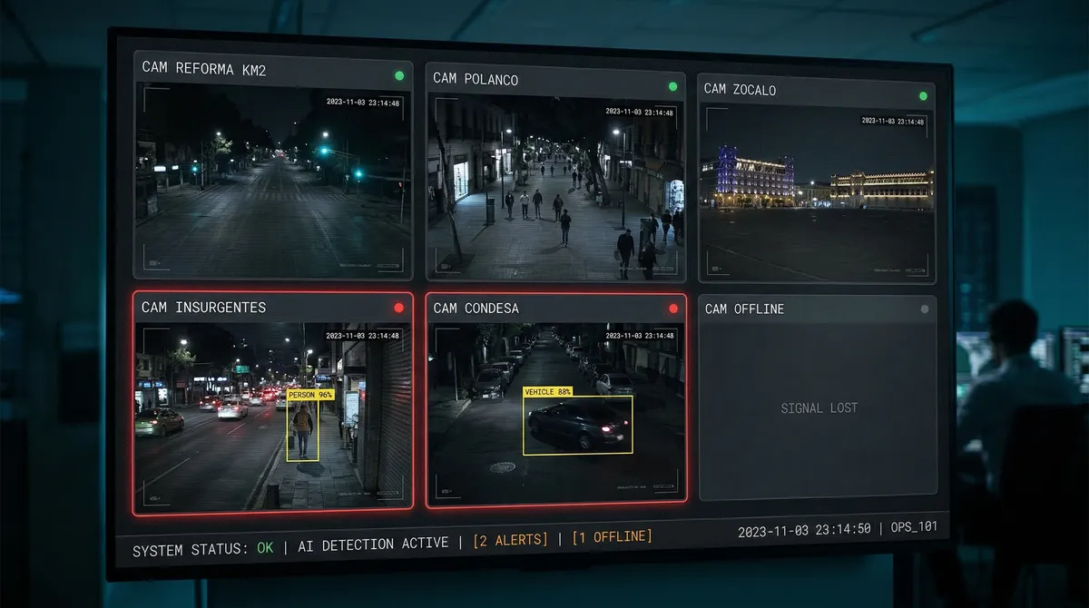Unified video wall with AI analytics detecting vehicles and people across city cameras