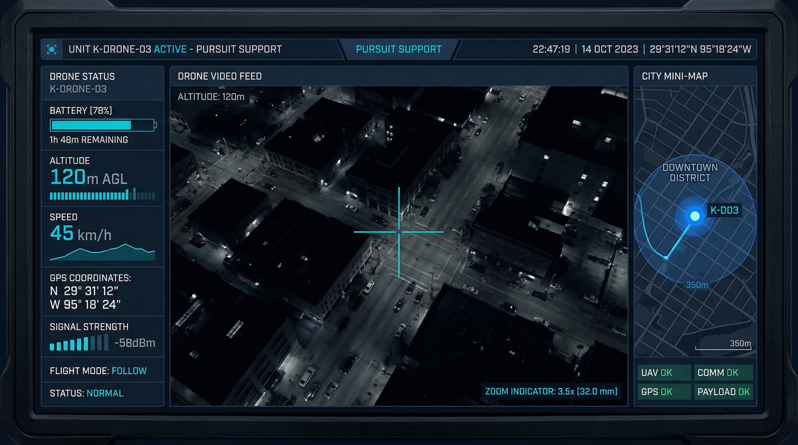Interfaz de mando de drones — feed aéreo en vivo, telemetría y posición en mapa GIS