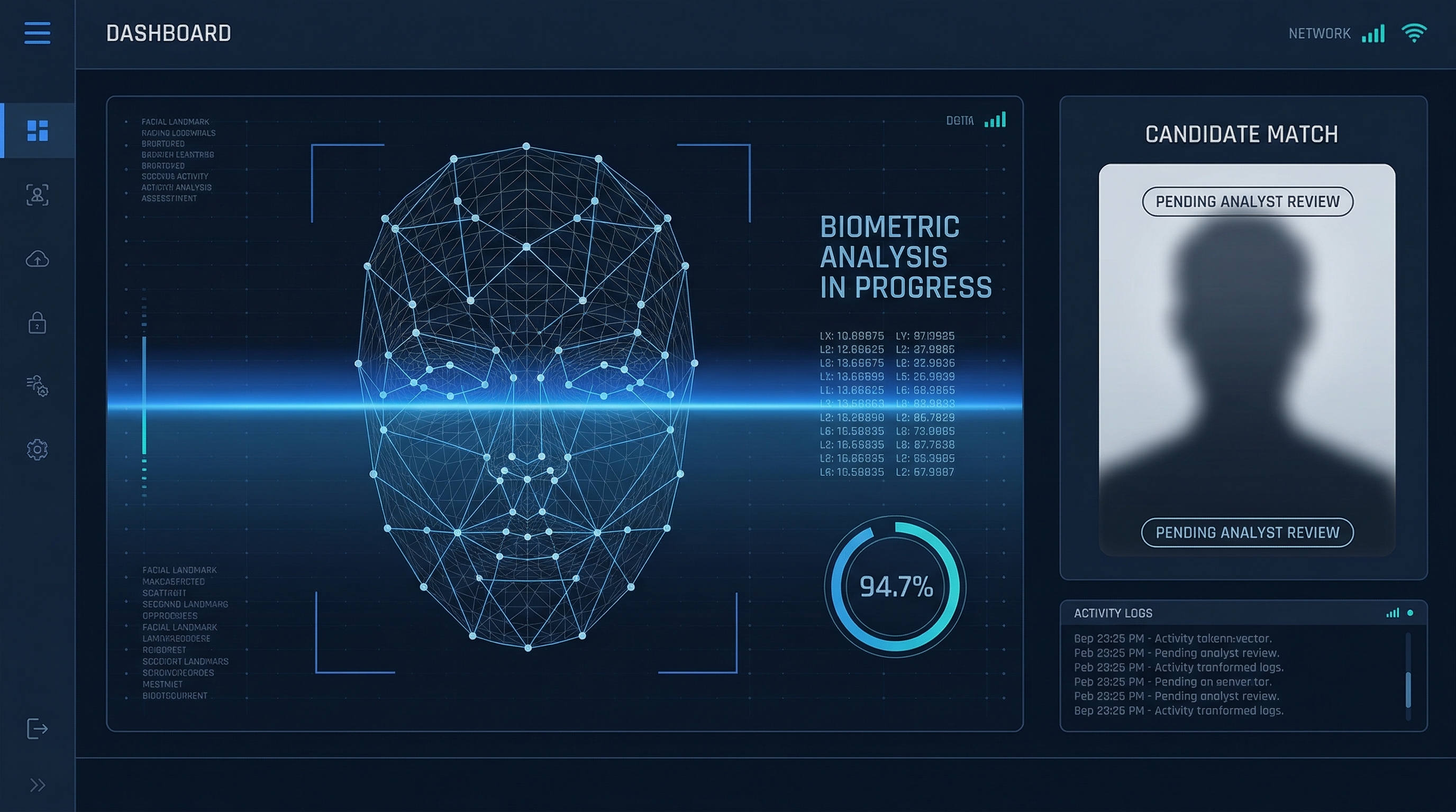 Interfaz de reconocimiento facial biométrico con análisis de confianza y confirmación del analista